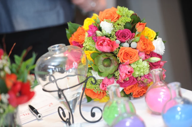 Floral arrangement and sand ceremony at Hotel Arts Kensington, Calgary, AB