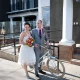 Newlyweds in front of Hotel Arts Kensington, Calgary, AB